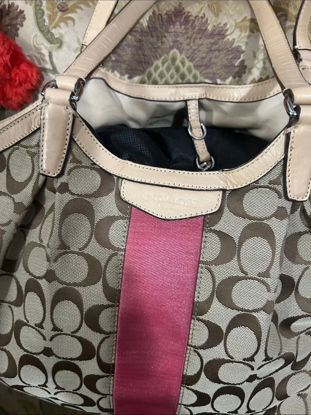 Coach Beige Signature Canvas Tote with Pink Center Panel